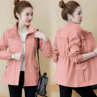 Women's Short Jacket Windbreaker Double Layer Autumn Casual Slim Fit Coat Stand Up Collar Fashion Ladies Outerwear