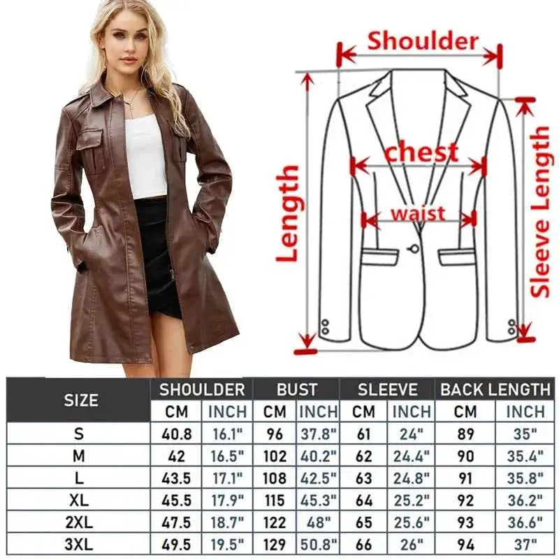Black Women PU Leather Long Jacket Windbreaker For Spring And Autumn Lapel Single Breasted Long Sleeve
