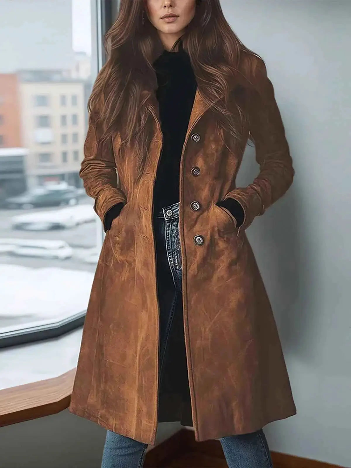 Elegant Suede Long Trench Coat Women Vintage Pocket Single Breasted Long Sleeve Outerwear Windbreaker Fall Jacket