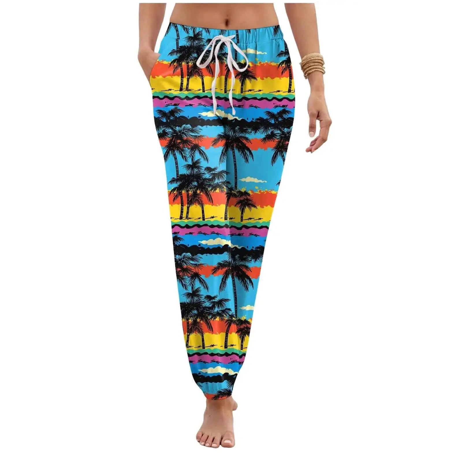 Women Casual Vintage Floral Printed Harem Pants With Pockets Drawstring Elastic Waist Beach Vacation Long Trousers