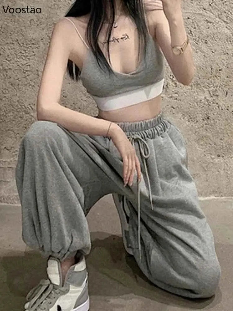 Women White Jogging Sweatpants Harajuku Style Wide Leg Casual Sports Pants Korean Fashion Ankle Length