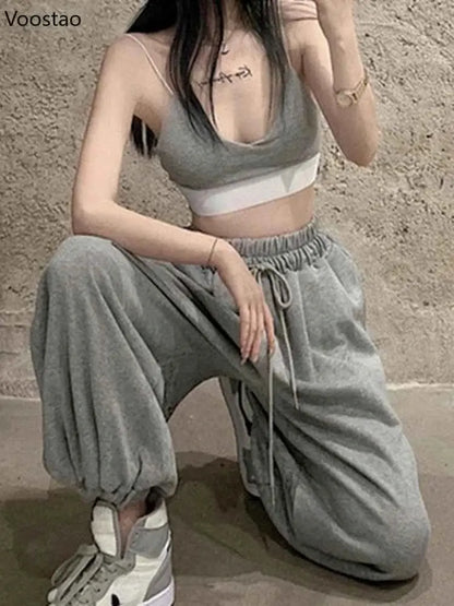 Women White Jogging Sweatpants Harajuku Style Wide Leg Casual Sports Pants Korean Fashion Ankle Length