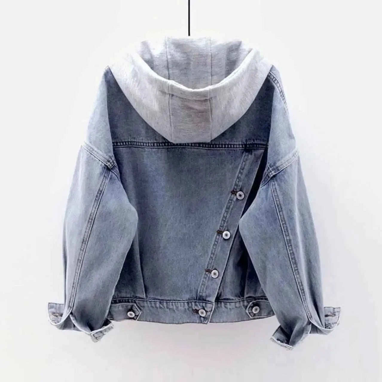 Women Hooded Denim Jacket Spring Autumn With Long Sleeves And Big Pockets Korean Style Single Breasted