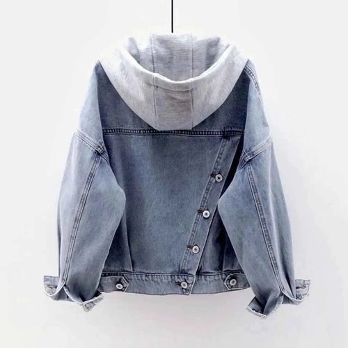 Women Hooded Denim Jacket Spring Autumn With Long Sleeves And Big Pockets Korean Style Single Breasted