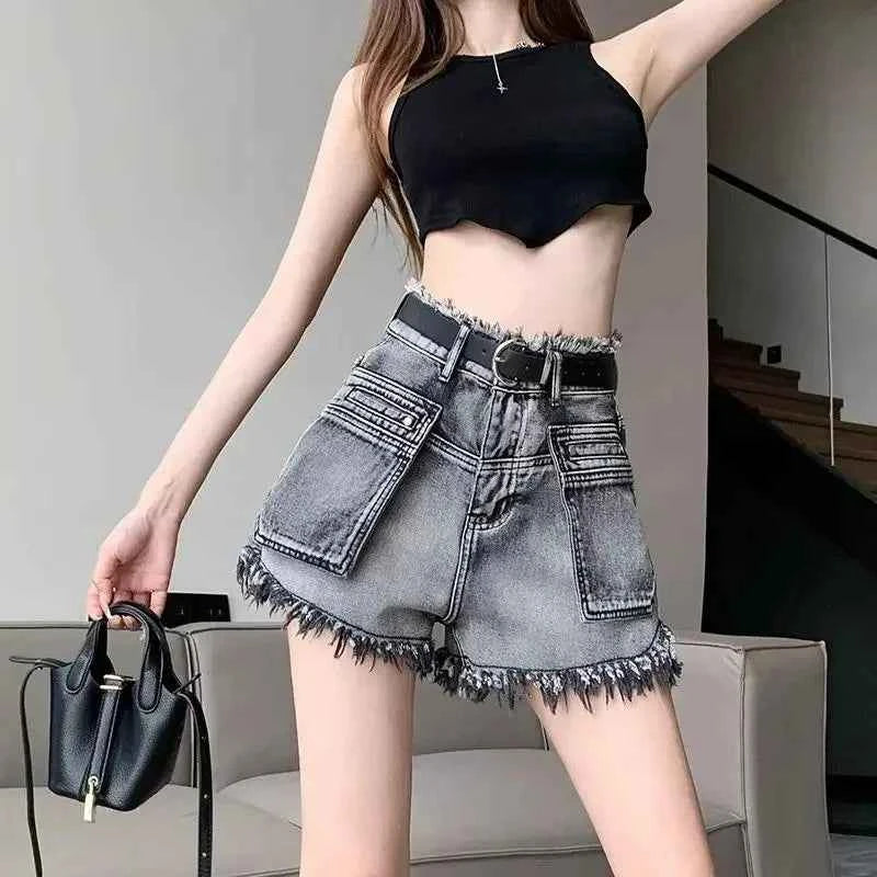 Korean Style High Waist Cargo Denim Shorts For Women Flowing Elastic Fit Trend 2025 Jeans Pants