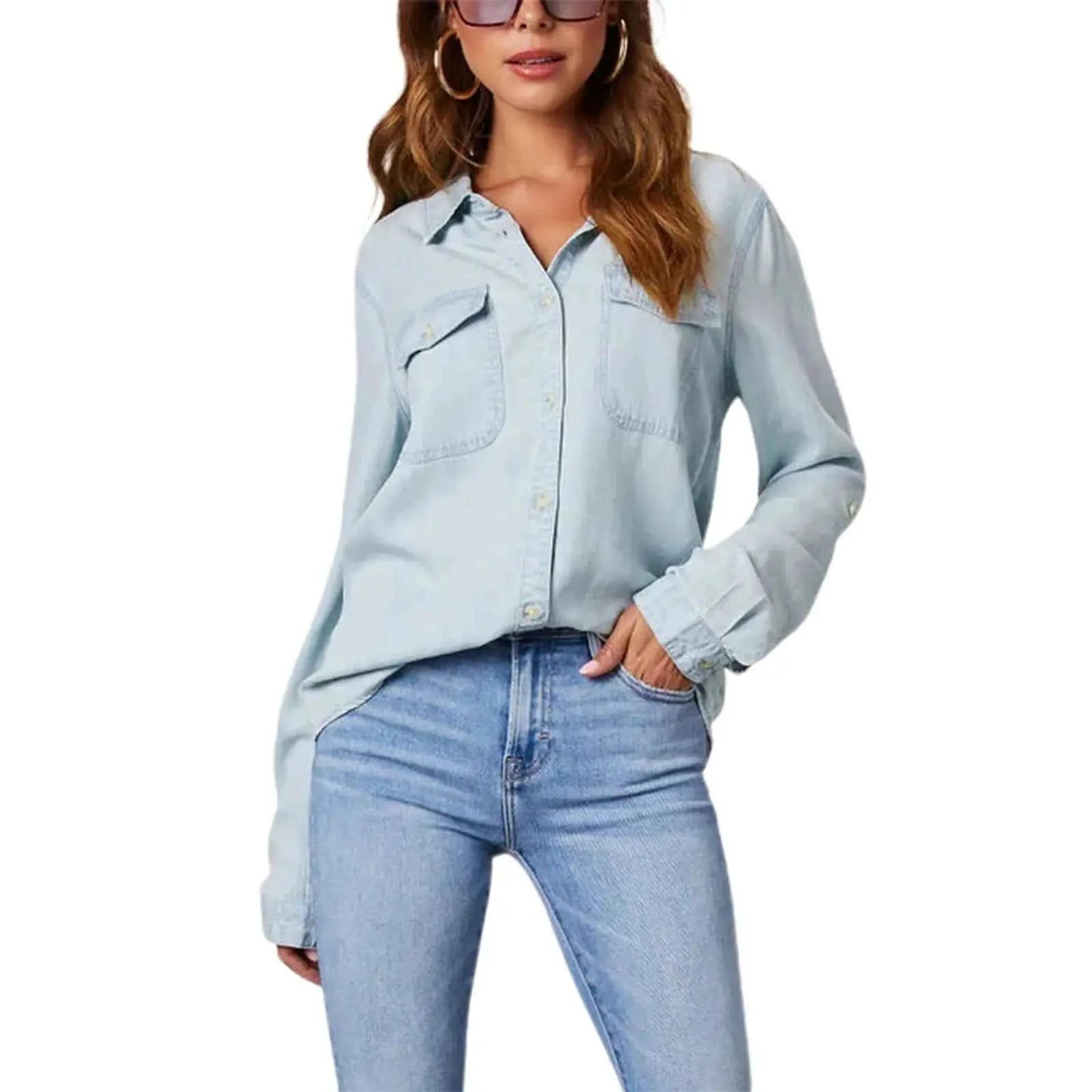 Womens Denim Shirt Solid Color Turn Down Collar Long Sleeve Jean Blouse Spring Casual Streetwear Top for Everyday Wear