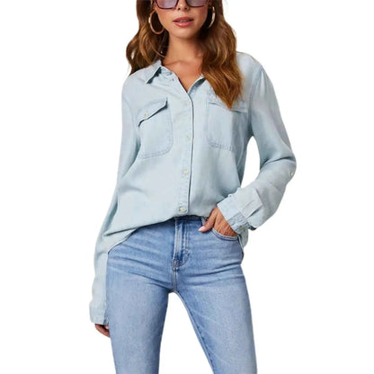 Womens Denim Shirt Solid Color Turn Down Collar Long Sleeve Jean Blouse Spring Casual Streetwear Top for Everyday Wear