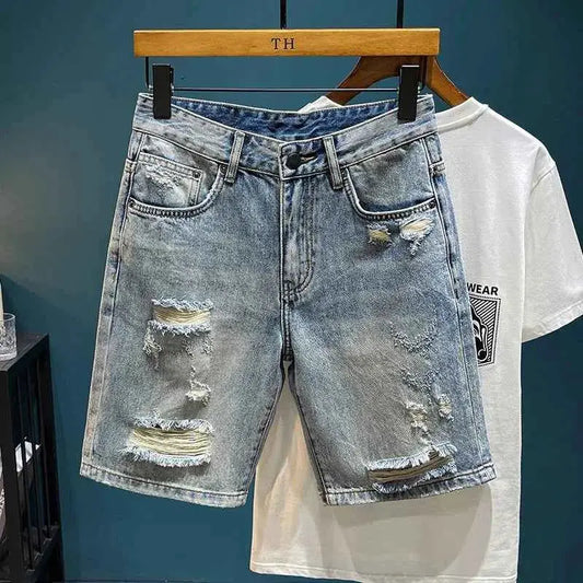 Korean Ripped Mens Denim Shorts Vintage Style Casual Summer Everyday Wear TeenStylo