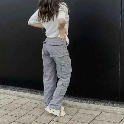 Women Denim Cargo Jeans With Button Pockets Straight Leg Y2K Mid Waist Casual Streetwear Trousers