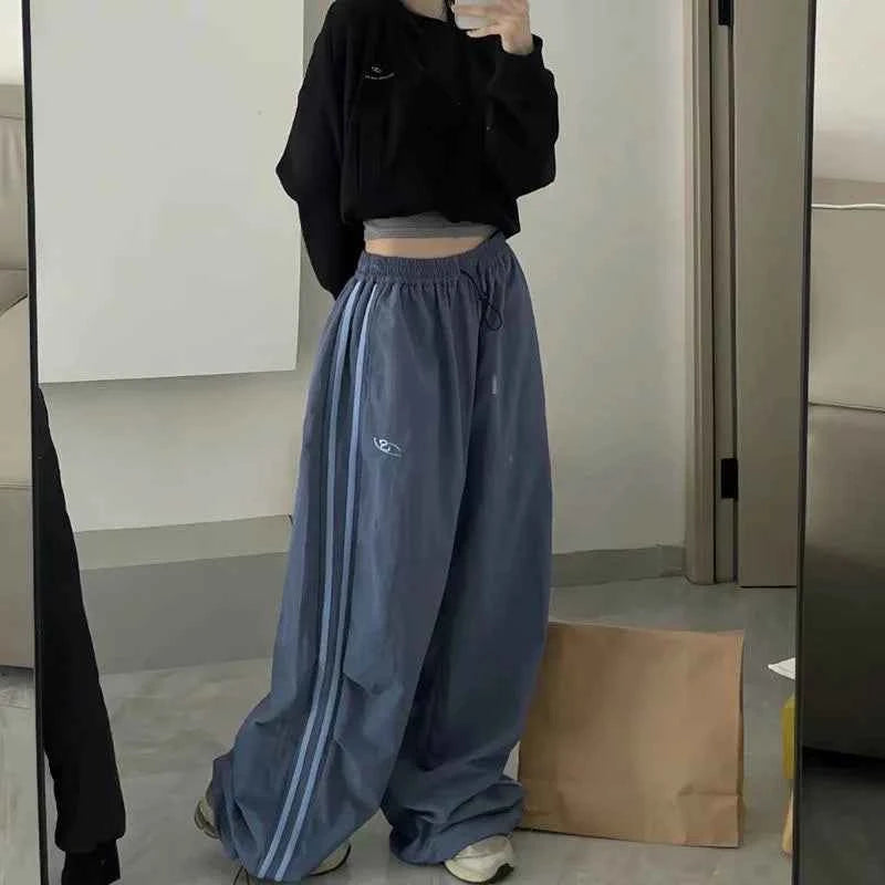 Y2K Women Cargo Pants Vintage Streetwear Baggy Wide Leg Sweatpants Drawstring Oversize Pockets Tech Fashion Trousers