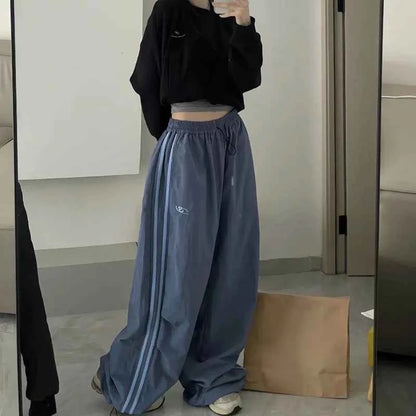 Y2K Women Cargo Pants Vintage Streetwear Baggy Wide Leg Sweatpants Drawstring Oversize Pockets Tech Fashion Trousers