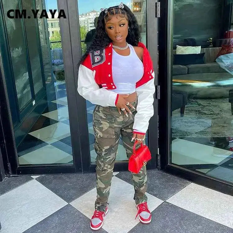 CM YAYA Letter B Baseball Womens Tracksuit Two Piece Jacket And Sweatpants Set Outfit