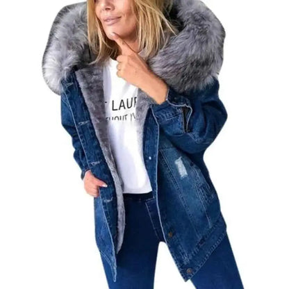 Winter Vintage Ripped Denim Coat With Hooded Plush Lining Pocket Stitching Long Sleeve Baggy Jacket For Women
