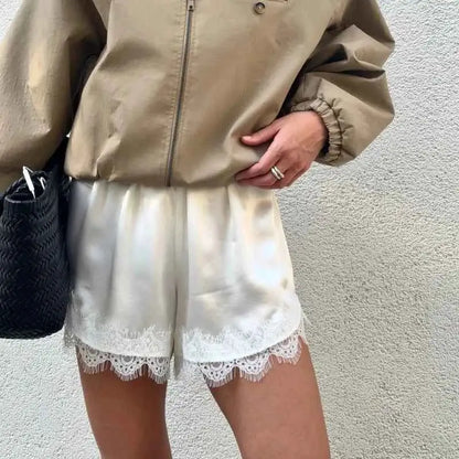 Women Y2K Silk Lace Trim Shorts Pajama Micro Mini Slip Boxer Lounge Low Rise Bottoms Streetwear
