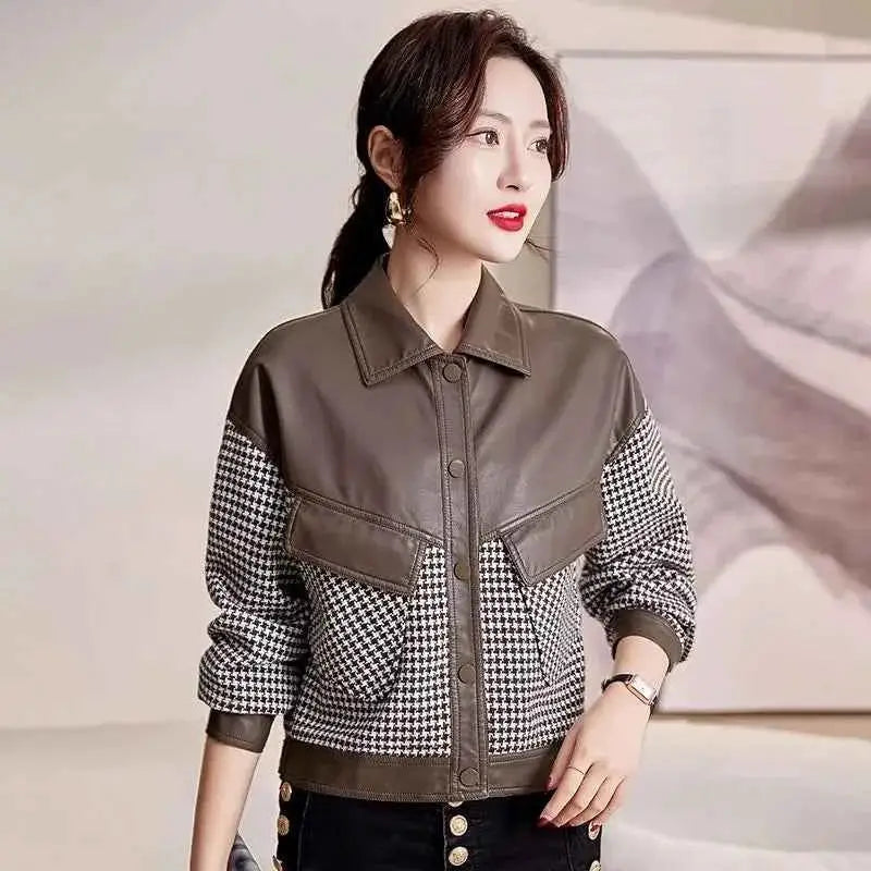 Leather Coat For Women PU Leather Motorcycle Jacket Short Splice Design 2024 Spring Autumn