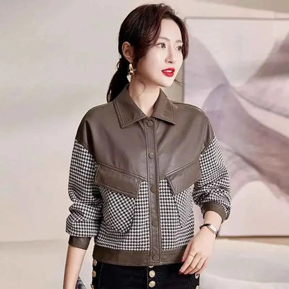 Leather Coat For Women PU Leather Motorcycle Jacket Short Splice Design 2024 Spring Autumn