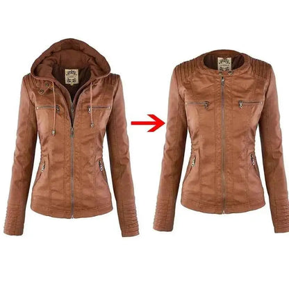 Faux Leather Jacket Women 2025 PU Leather Zipper Hooded Outerwear Winter Motorcycle Coat