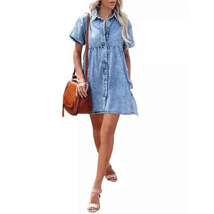 Women Denim Shirt Dress Short Sleeve Turn Down Collar Jean Dress Single Breasted Casual Loose Fit With Ruffled Edge
