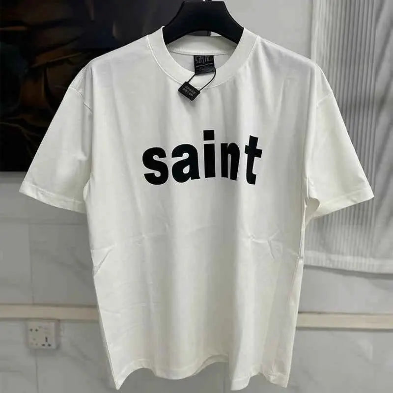 25SS Fingerprint Digital Direct Printing Saint T Shirt Unisex Oversized Vintage Washed Black Tee With Tag