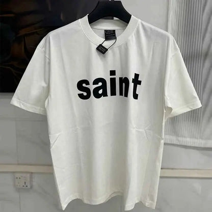 25SS Fingerprint Digital Direct Printing Saint T Shirt Unisex Oversized Vintage Washed Black Tee With Tag