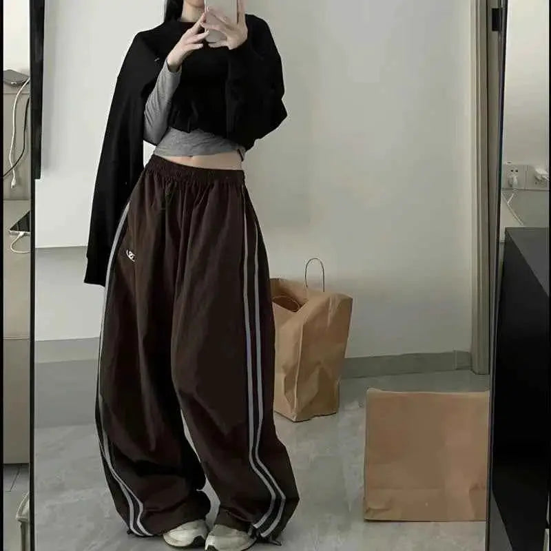 Y2K Women Cargo Pants Vintage Streetwear Baggy Wide Leg Sweatpants Drawstring Oversize Pockets Tech Fashion Trousers