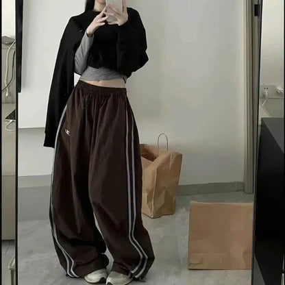 Y2K Women Cargo Pants Vintage Streetwear Baggy Wide Leg Sweatpants Drawstring Oversize Pockets Tech Fashion Trousers