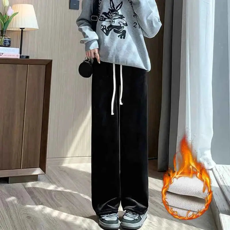 2024 Casual Women High Waist Wide Leg Thickened Long Pants for Autumn and Winter Trousers