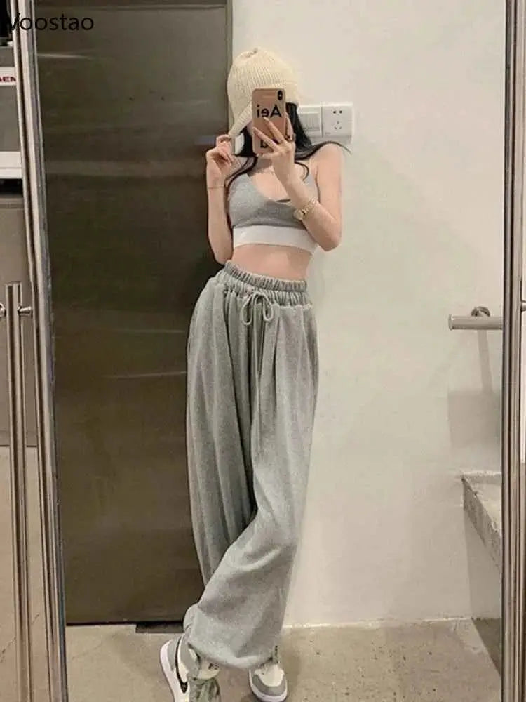 Women White Jogging Sweatpants Harajuku Style Wide Leg Casual Sports Pants Korean Fashion Ankle Length