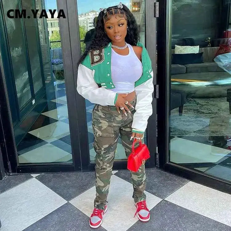 CM YAYA Letter B Baseball Womens Tracksuit Two Piece Jacket And Sweatpants Set Outfit