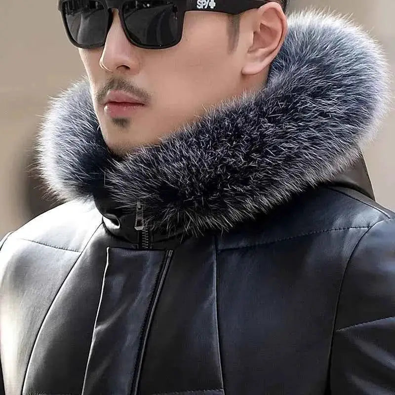 Mens Genuine Leather Down Jacket Hooded Sheepskin Coat Mid Length Slim Fit Winter Puffer Windbreaker