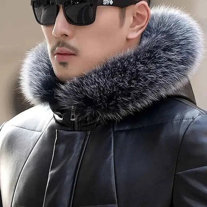 Mens Genuine Leather Down Jacket Hooded Sheepskin Coat Mid Length Slim Fit Winter Puffer Windbreaker