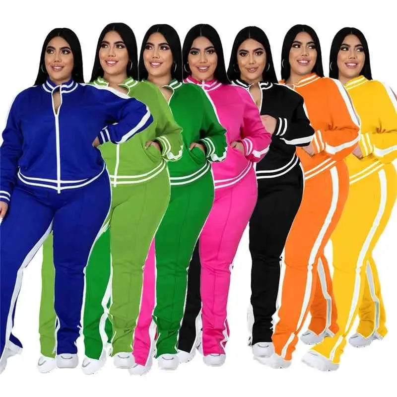 Plus Size Two Piece Sweatsuit For Women Zip Striped Top And Slit Jogger Pants Outfit Wholesale Dropshipping