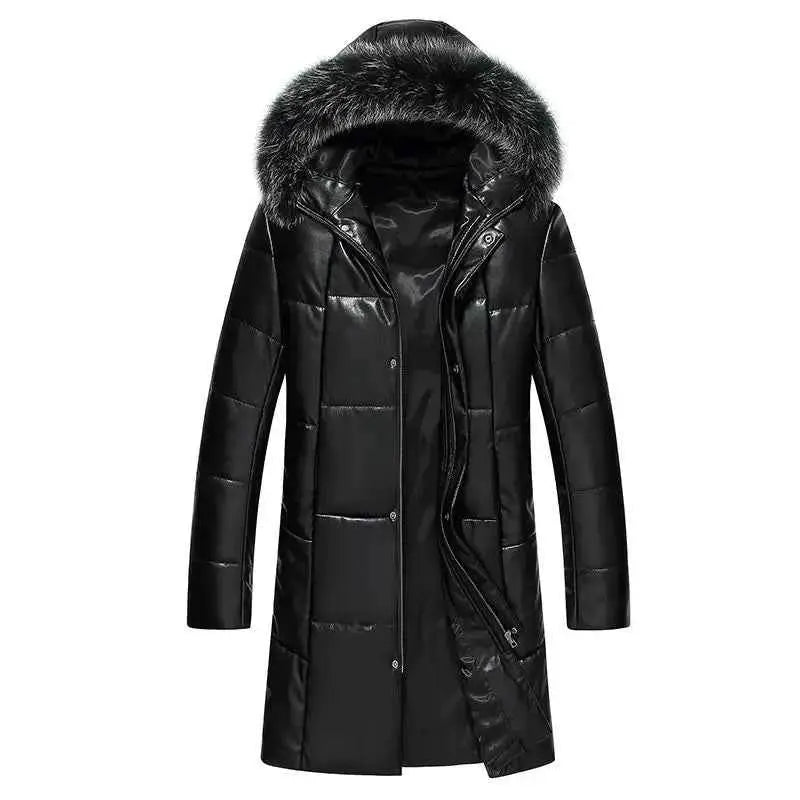 Mens Genuine Leather Down Jacket Hooded Sheepskin Coat Mid Length Slim Fit Winter Puffer Windbreaker