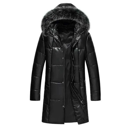 Mens Genuine Leather Down Jacket Hooded Sheepskin Coat Mid Length Slim Fit Winter Puffer Windbreaker