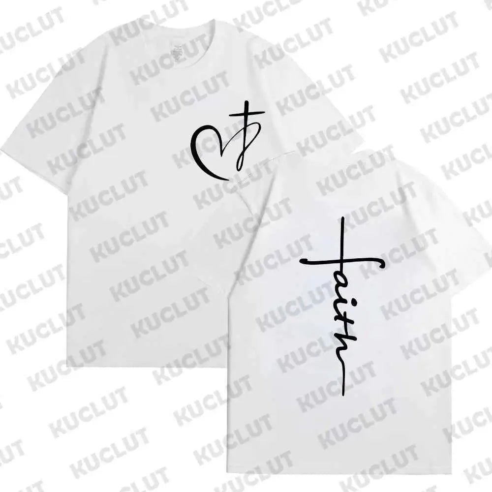Women's Summer T Shirt Heart Cross Print Faith Jesus Tee Short Sleeve Top Fashion Brand Clothing