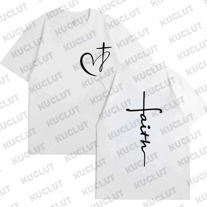 Women's Summer T Shirt Heart Cross Print Faith Jesus Tee Short Sleeve Top Fashion Brand Clothing