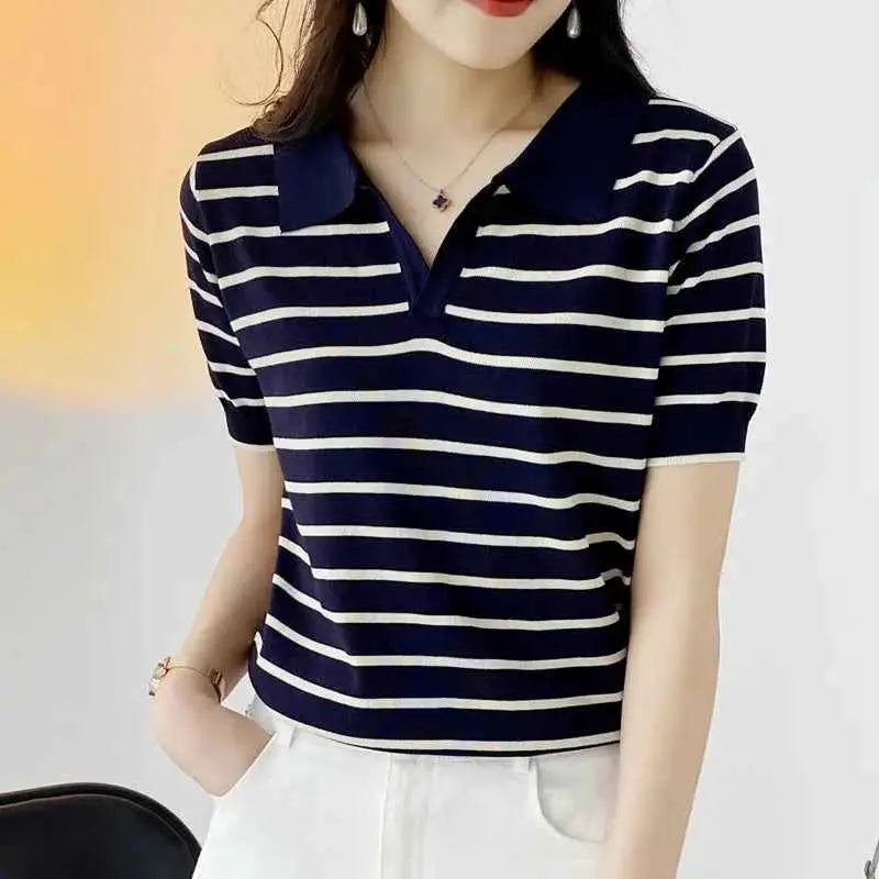 Women Summer Polo T Shirt Short Sleeve Cotton Striped Casual Fashion Top Tee Available In M L XL