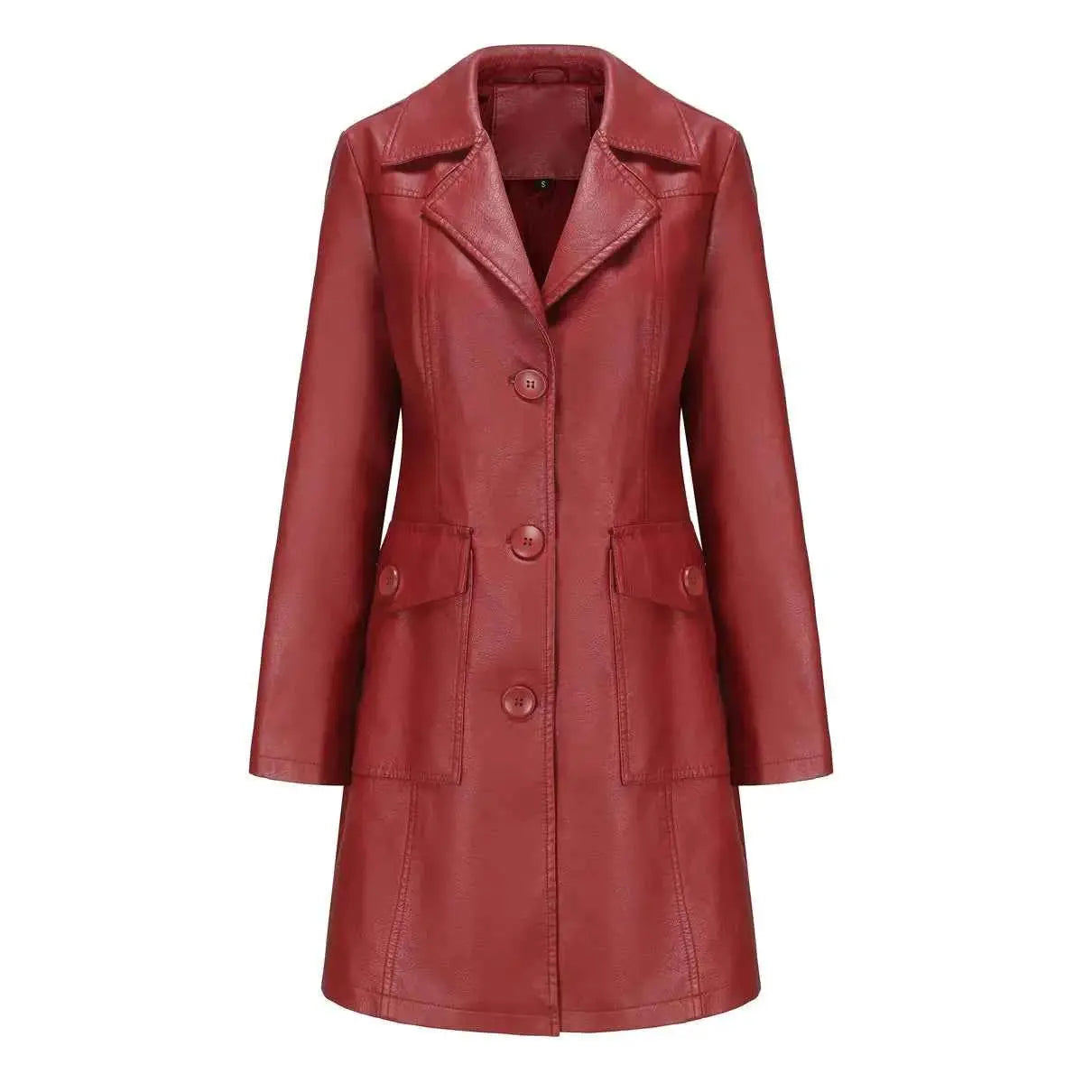 Black Women PU Leather Long Jacket Windbreaker For Spring And Autumn Lapel Single Breasted Long Sleeve
