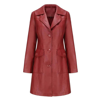 Black Women PU Leather Long Jacket Windbreaker For Spring And Autumn Lapel Single Breasted Long Sleeve