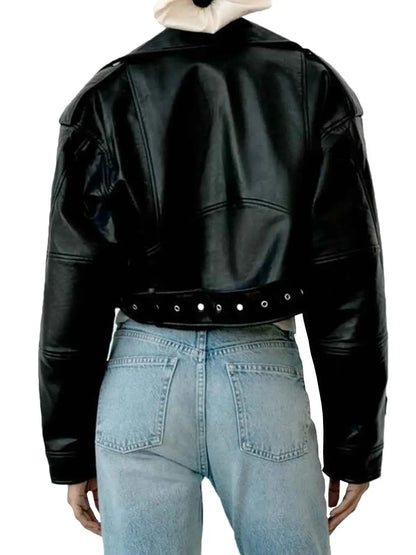 Fitaylor Women Faux PU Leather Jacket With Lapel Zipper Short Motorcycle Style Coat For Casual High Street Fashion