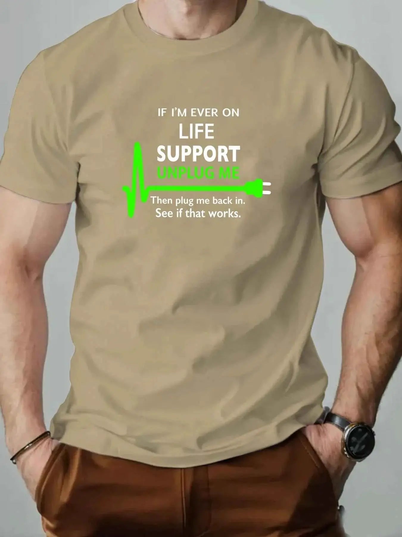 100 Percent Cotton Mens Round Neck T Shirt Life Support Unplug Socket Graphic Print Breathable Casual Oversized Tee