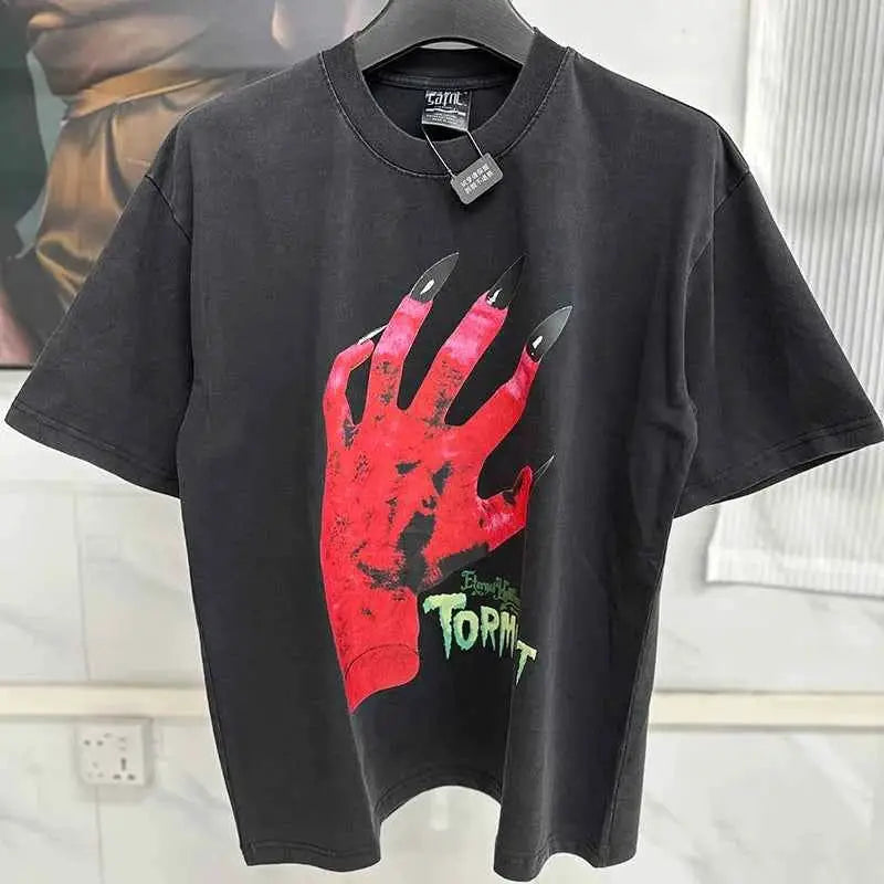 25SS Fingerprint Digital Direct Printing Saint T Shirt Unisex Oversized Vintage Washed Black Tee With Tag