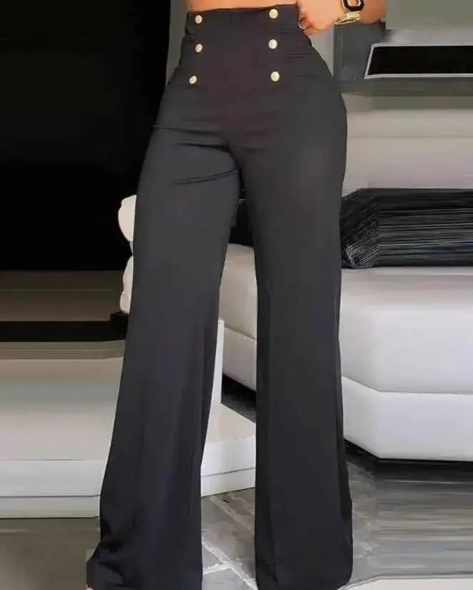 Summer Pants For Women Button Decor High Waist Wide Leg Pants Elegant Loose Korean Fashion Streetwear