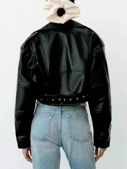 Women Faux PU Leather Short Jacket Belted Motorcycle Style Zipper Lapel Spring Autumn Outwear
