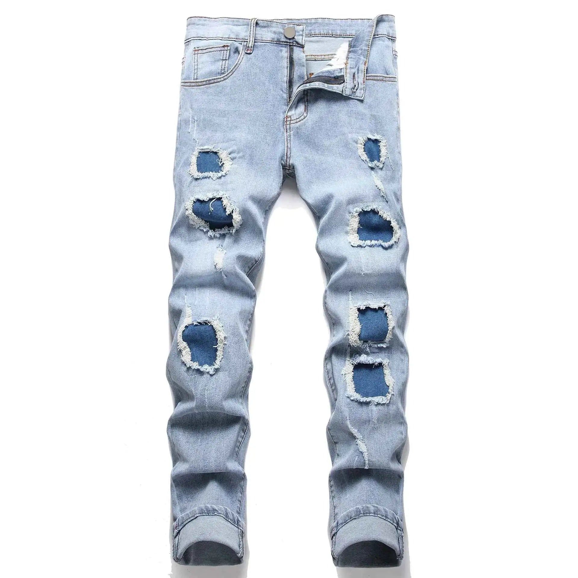 Denim Pants American High Street Fashion Slim Fit Ripped Jeans For Men With Elastic Stretch Full Length