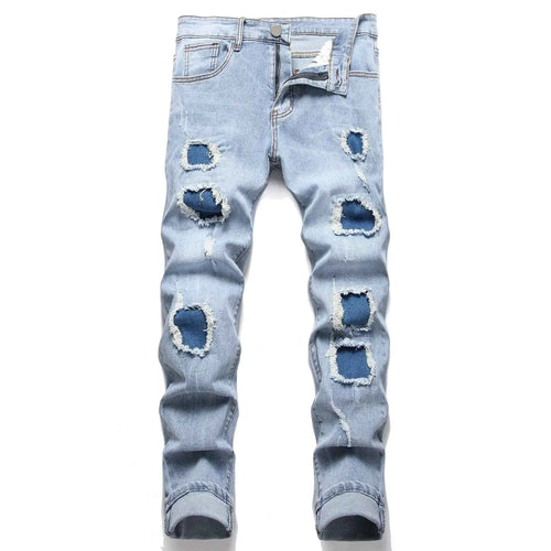 Denim Pants American High Street Fashion Slim Fit Ripped Jeans For Men With Elastic Stretch Full Length