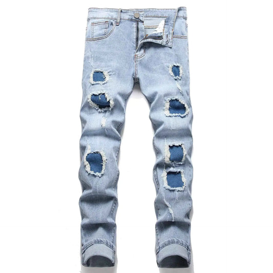 Denim Pants American High Street Fashion Slim Fit Ripped Jeans For Men With Elastic Stretch Full Length