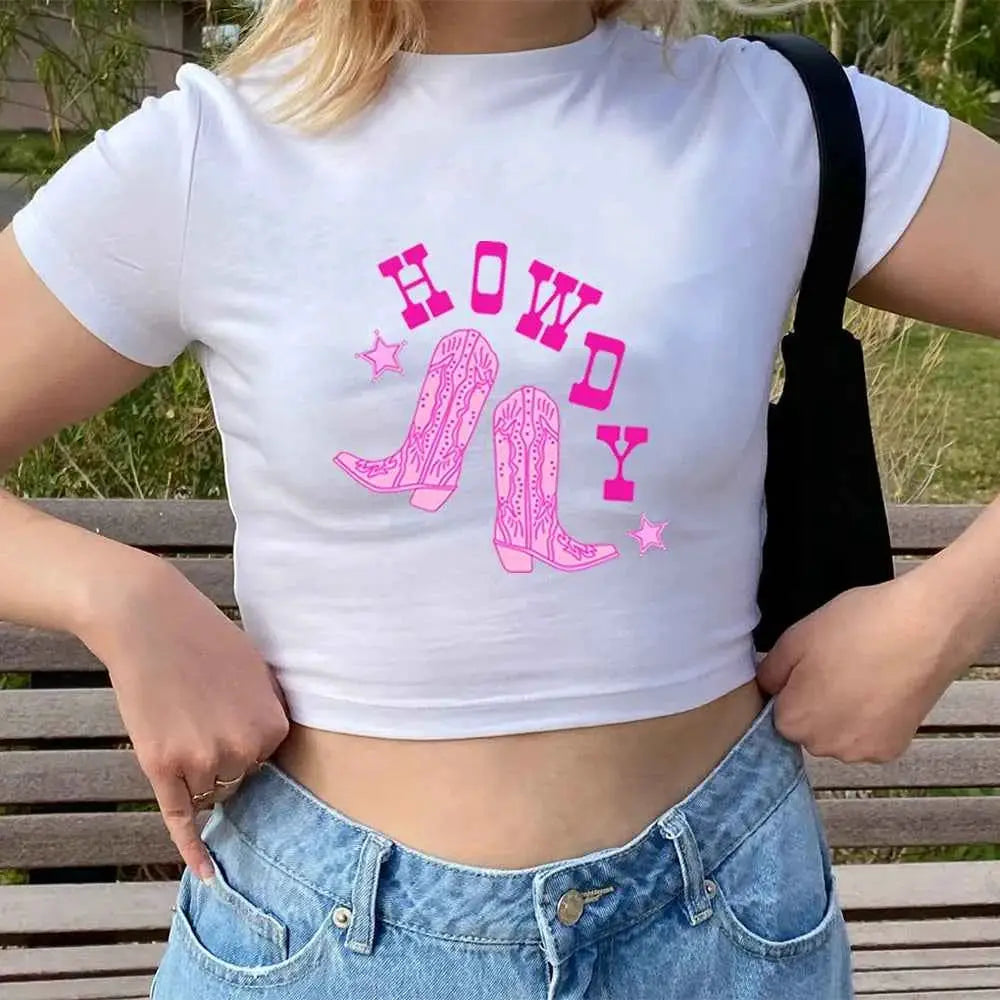Howdy Crop Top Women Y2K Vintage Cowgirl Shirt Boho Desert Graphic Tee For Country Music Fans