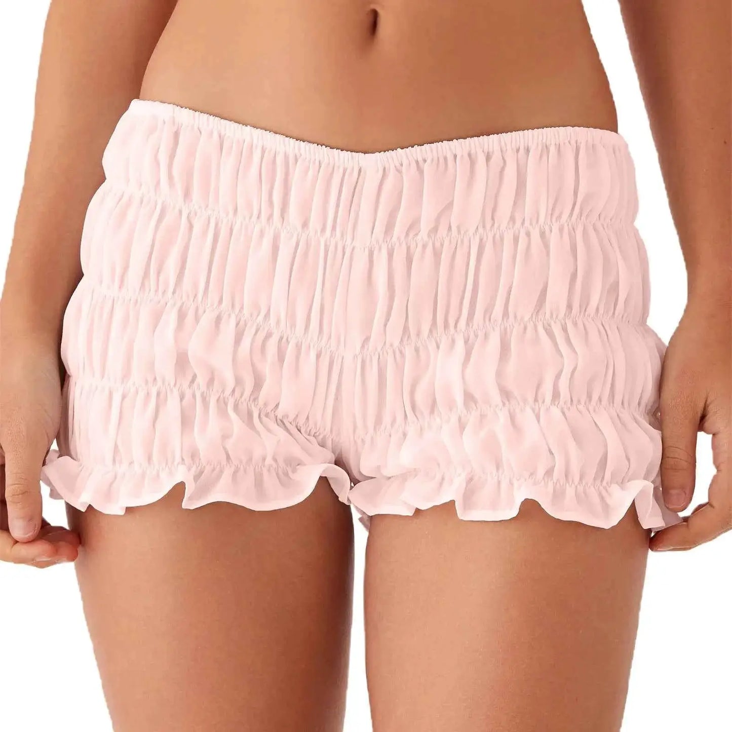 Women Kawaii Cute Ruffles Y2K Shorts Smocked Ruched Booty Bloomers Frilly Micro Lolita Bottoms Pettipants Sleepwear