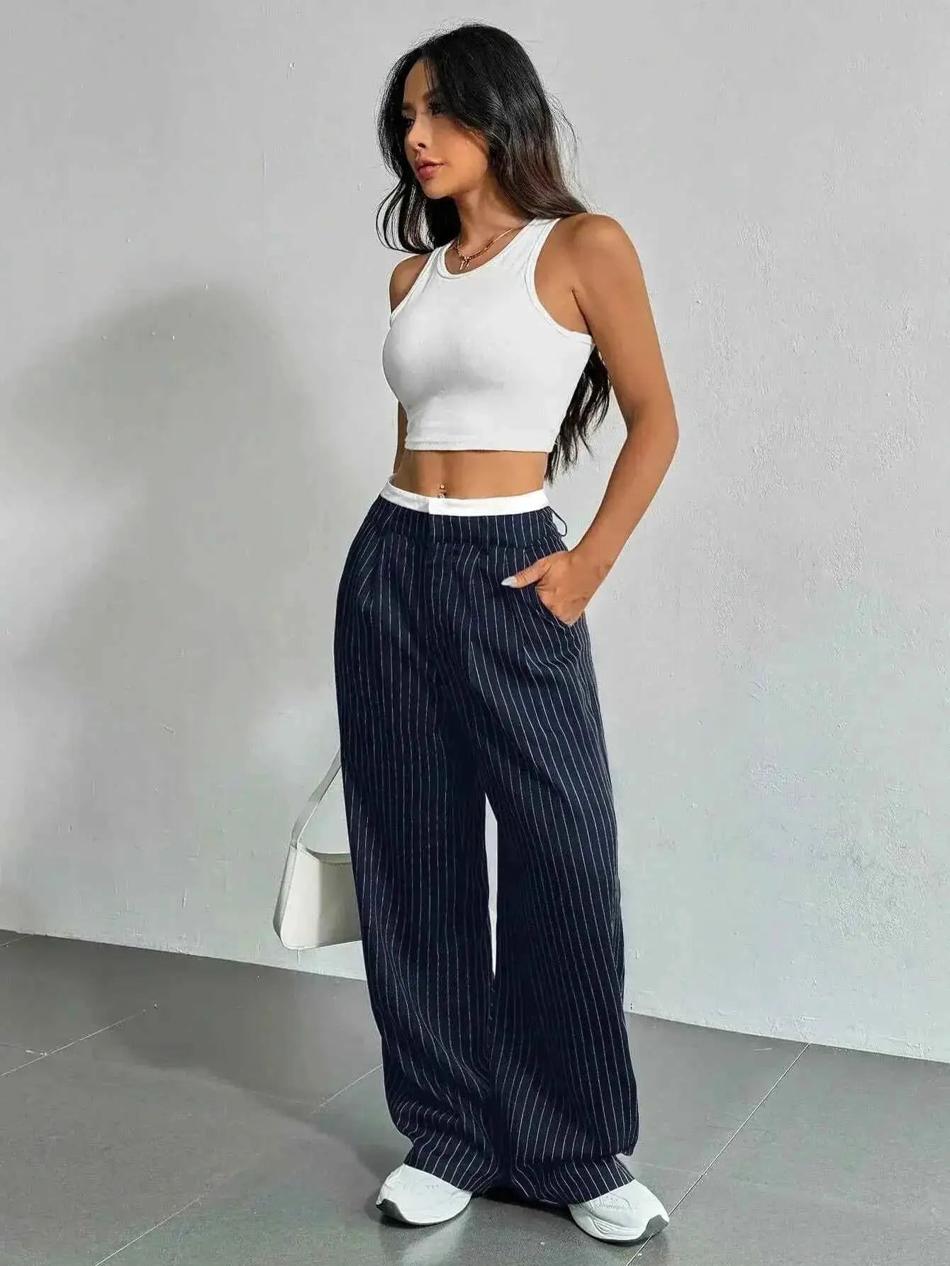 Women Striped Printed Full Length Pants High Waist Loose Wide Leg Trousers Casual Y2K Fashion
